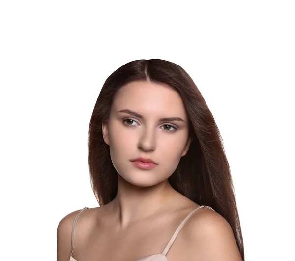 Портрет Красивої Молодої Жінки Здоровим Міцним Волоссям Білому Тлі — стокове фото