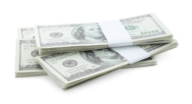 Beyaz üzerine izole edilmiş bir deste dolar. Amerikan ulusal para birimi