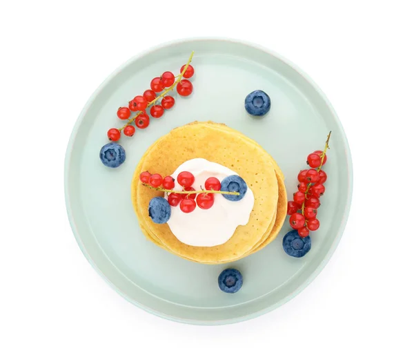 Tasty Pancakes Natural Yogurt Blueberries Red Currants White Background Top — Stok Foto