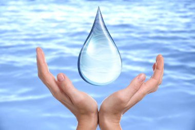 Denize yakın bir yerde ikonu tutan bir kadın var. Su kaydetme kavramı