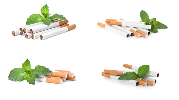 Set Con Cigarrillos Mentolados Hojas Frescas Menta Sobre Fondo Blanco — Foto de Stock