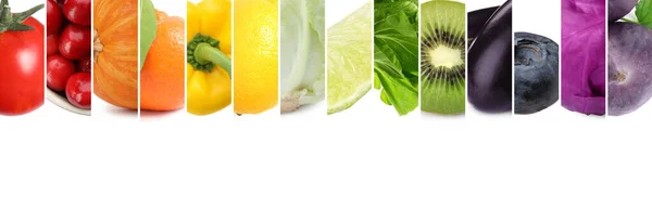 Collage Avec Différents Fruits Légumes Frais Mûrs Sur Fond Blanc — Photo
