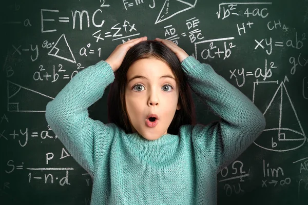 Emotional Little Girl Chalkboard Different Formulas — Stock Photo, Image