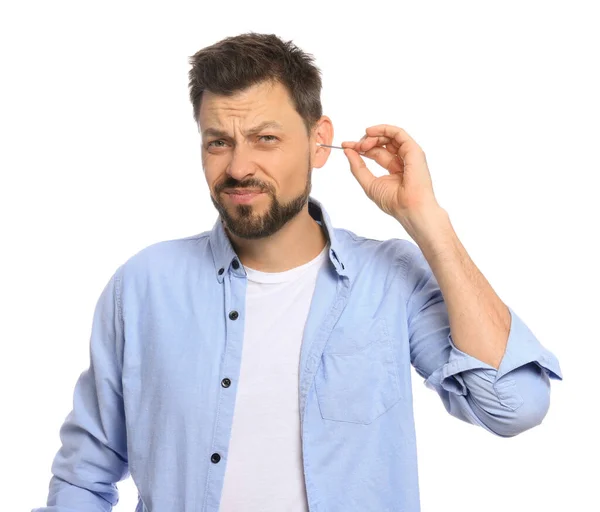 Emotional Man Cleaning Ears White Background — Stock Photo, Image