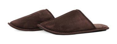 Pair of brown slippers on white background