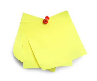 Blank yellow notes pinned on white background, top view
