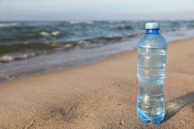 Plastik bir şişe taze su, deniz kenarındaki ıslak kumda. Metin için boşluk