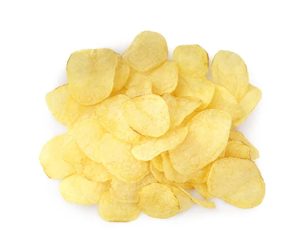 Heap Läckra Chips Vit Bakgrund Ovanifrån — Stockfoto