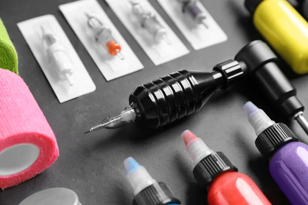 Tattoo Machine Inks Black Table Closeup — Stock Photo, Image