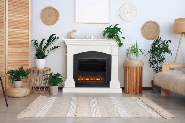 漂亮的客厅 室内有壁炉 绿色的室内植物和舒适的沙发 — 图库照片