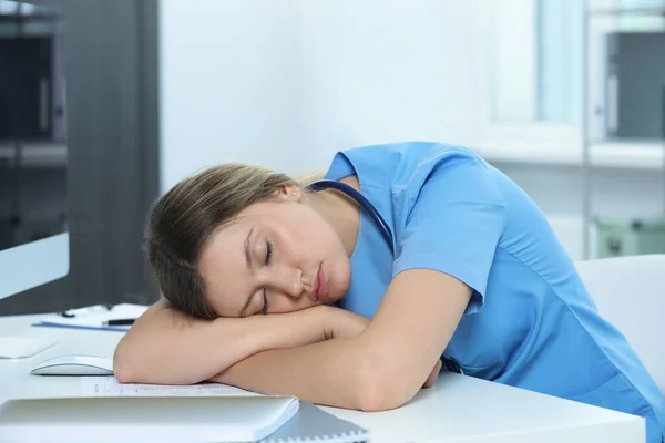 Exhausted Doctor Sleeping Workplace Hospital — Stok fotoğraf