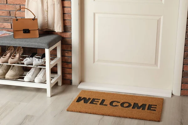 Doormat Word Welcome Shoe Rack White Wooden Floor Hall — Stock Photo, Image