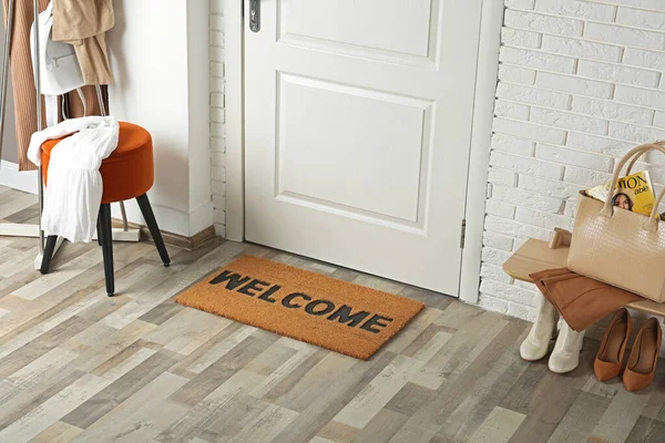 Doormat Word Welcome Wooden Floor Hall — Stock Photo, Image