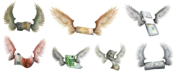 stock image Banknotes with wings on white background, collage. Banner design