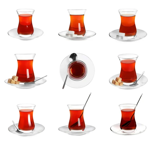 Комплект Бокалами Традиционного Турецкого Чая Белом Фоне — стоковое фото