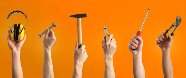 Коллаж Фотографиями Мужчин Держащих Различные Строительные Инструменты Оранжевом Фоне Крупным — стоковое фото