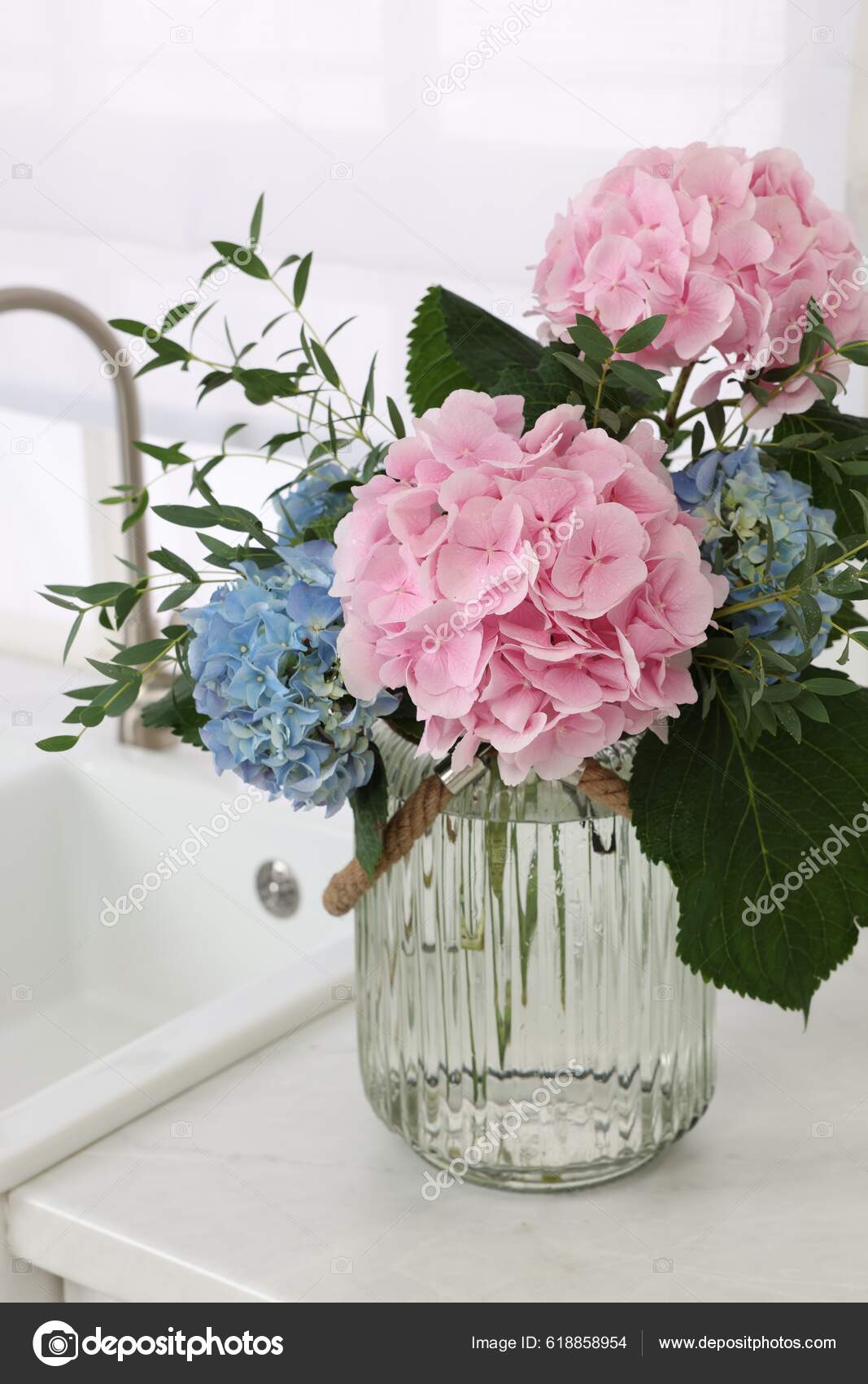 Beautiful Hortensia Flowers Vase Kitchen Counter Stock Photo by ©NewAfrica  618858954