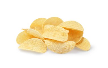 Heap of delicious potato chips on white background