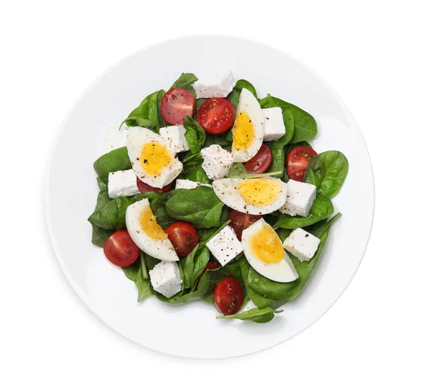 Köstlicher Salat Mit Gekochten Eiern Feta Käse Und Tomaten Isoliert — Stockfoto