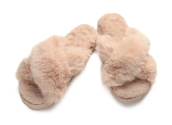 Pair Soft Fluffy Slippers White Background — Zdjęcie stockowe