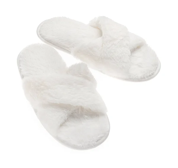 Pair Soft Fluffy Slippers White Background — Stockfoto