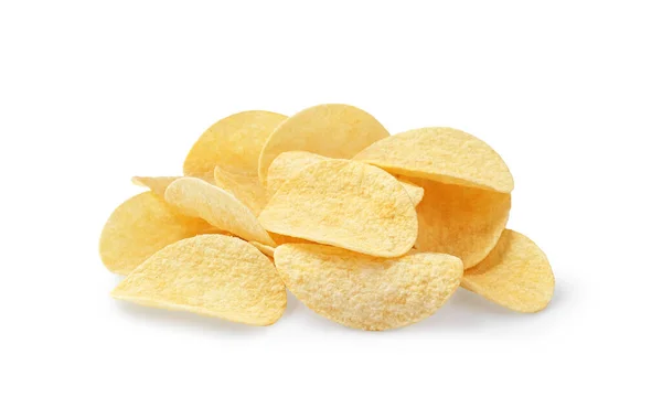 Haufen Leckerer Kartoffelchips Auf Weißem Hintergrund — Stockfoto
