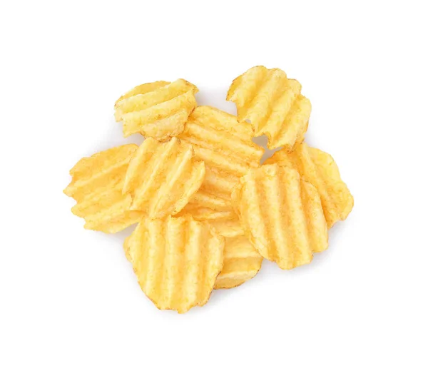 Heap Deliciosas Batatas Fritas Ridged Fundo Branco Vista Superior — Fotografia de Stock