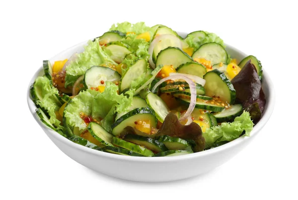 Bowl Delicious Cucumber Salad Isolated White — ストック写真