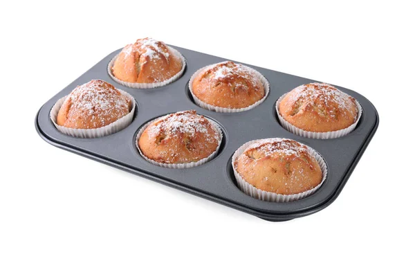 Lekkere Zelfgemaakte Muffins Gepoederd Met Suiker Dienblad Witte Achtergrond — Stockfoto