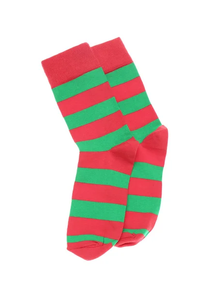 Červené Zelené Pruhované Ponožky Bílém Pozadí Horní Pohled — Stock fotografie