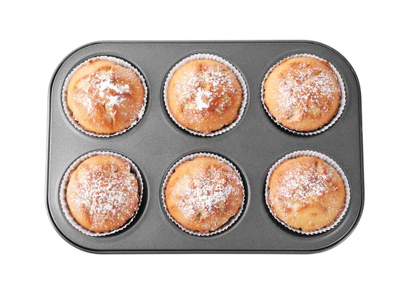 Νόστιμα Σπιτικά Muffins Σκόνη Ζάχαρη Δίσκο Λευκό Φόντο Κορυφαία Προβολή — Φωτογραφία Αρχείου