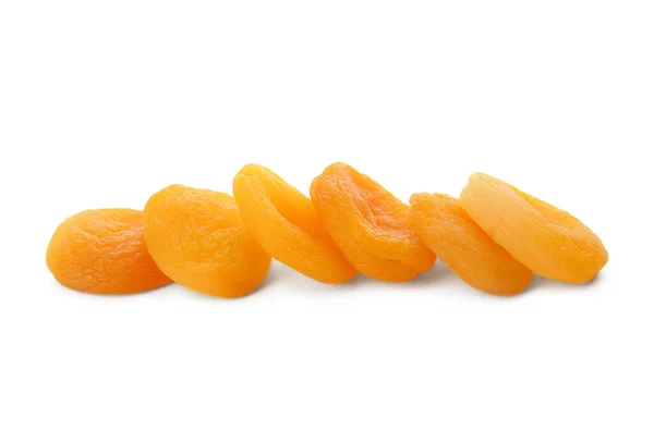 Högen Med Välsmakande Aprikoser Vit Bakgrund Torkade Frukter — Stockfoto