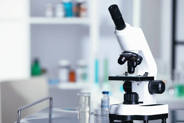 Modern Medical Microscope Metal Table Laboratory Space Text — Stockfoto