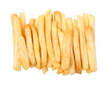 Delicious fresh french fries on white background, top view