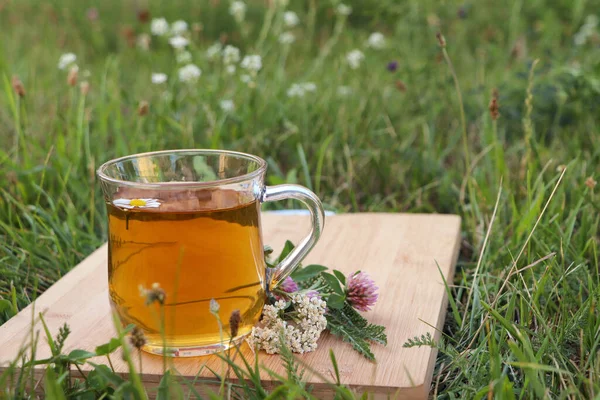 Cup Aromatic Herbal Tea Different Wildflowers Wooden Board Meadow Space — Stock Photo, Image
