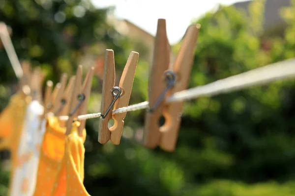 Clean Clothes Drying Outdoors Sunny Day Focus Laundry Line Wooden — 图库照片