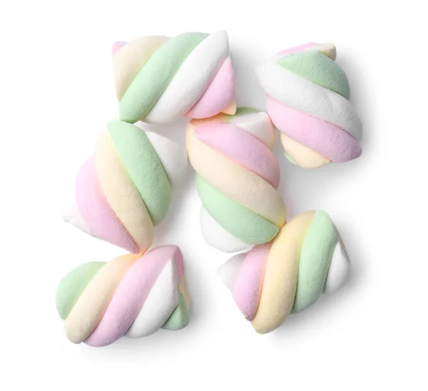 Deliciosos Marshmallows Coloridos Fundo Branco Vista Superior — Fotografia de Stock
