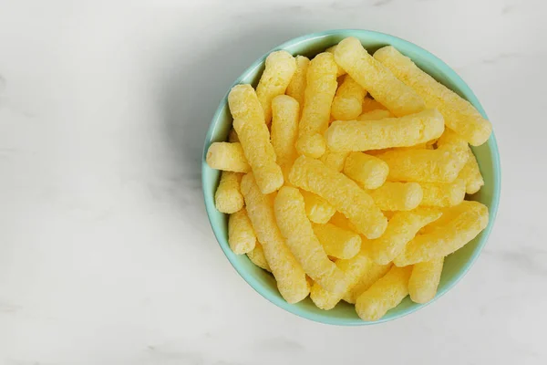 Bowl Delicious Crispy Corn Sticks White Marble Table Top View — Stok fotoğraf