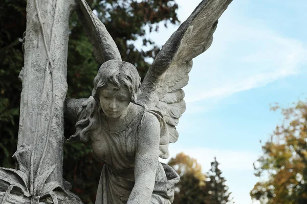 Beautiful Statue Angel Cemetery Space Text Funeral Ceremony — Stock Photo, Image