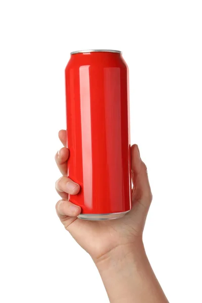 赤いアルミ缶を持っている女性は 白の背景 クローズアップで — ストック写真