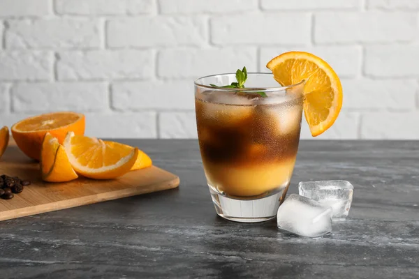 Tasty Refreshing Drink Coffee Orange Juice Grey Marble Table Space — Fotografia de Stock