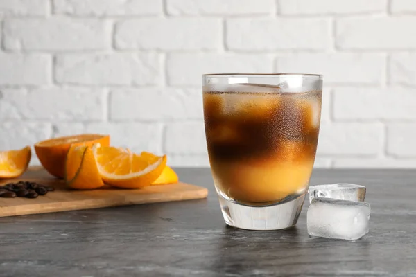 Tasty Refreshing Drink Coffee Orange Juice Grey Marble Table Space — Fotografia de Stock