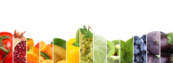 Collage Avec Différents Fruits Légumes Frais Mûrs Sur Fond Blanc — Photo