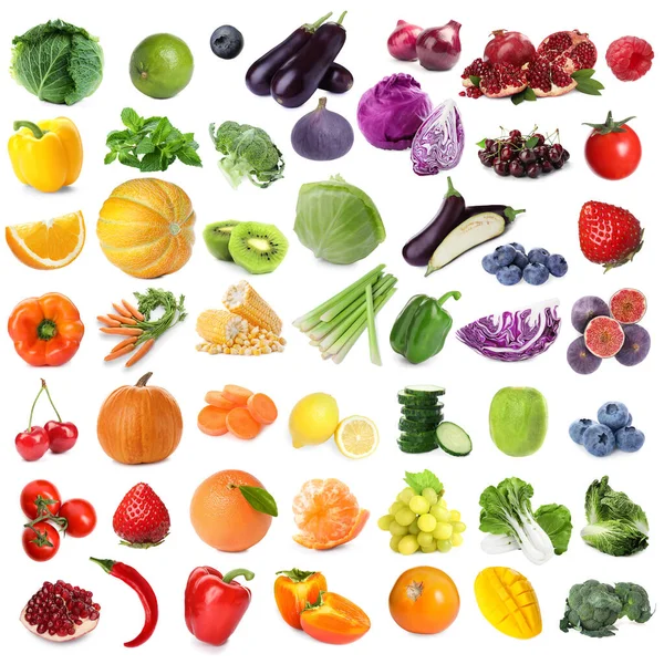 Collage Con Diferentes Frutas Verduras Frescas Maduras Sobre Fondo Blanco —  Fotos de Stock