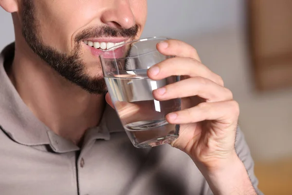 Happy Man Drinking Water Indoors Closeup Refreshing Drink — Stock Photo, Image