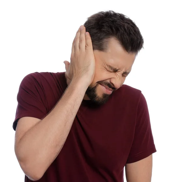 Hombre Que Sufre Dolor Oído Sobre Fondo Blanco —  Fotos de Stock