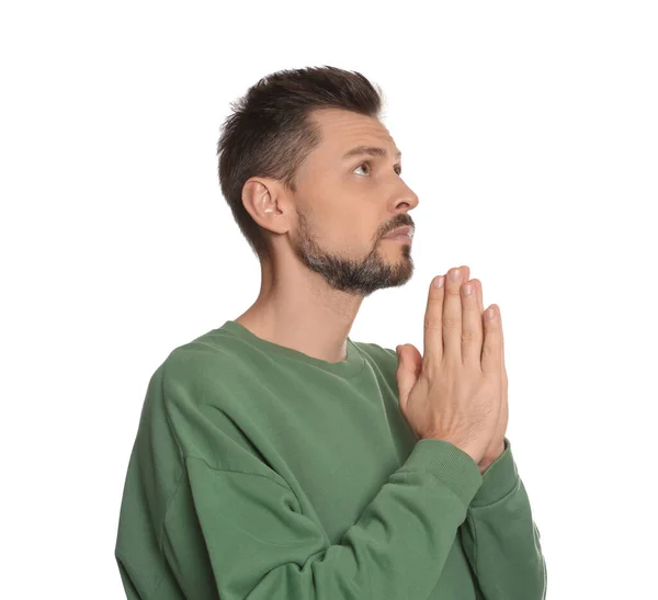 白地に手を合わせて祈る男 — ストック写真