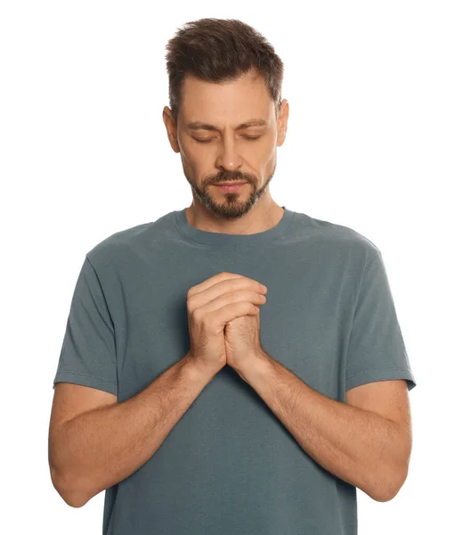 Άντρας Σφιγμένα Χέρια Προσεύχεται Λευκό Φόντο — Φωτογραφία Αρχείου