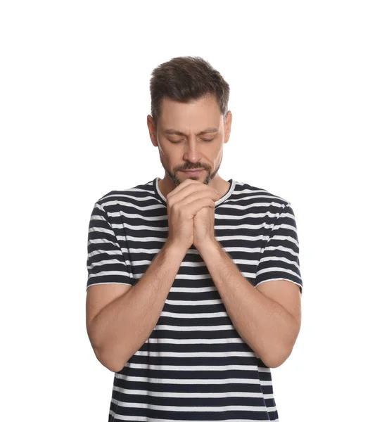 Man Clasped Hands Praying White Background — Stock Photo, Image