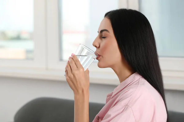 Beautiful Young Woman Drinking Water Indoors Space Text Refreshing Drink — Stock Photo, Image
